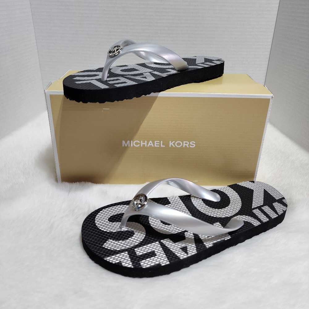 MICHAEL KORS MK FLIP FLOPS FLOP SANDALS BLACK SILVER